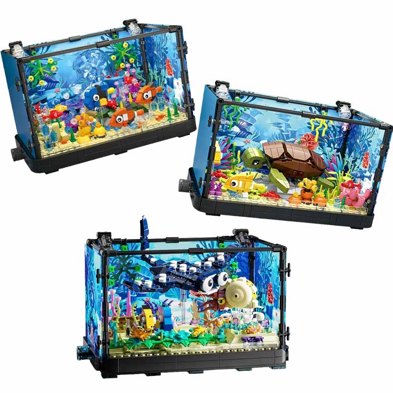 Aquarium Fish Games - ชุดบล็อกตัวต่อตู้ปลาพร้อมไฟ，ตู้ปลา，เต่าทะเล，ของเล่นตัวต่อสำหรับเด็กอายุ 14 ปีขึ้นไป，ของขวัญ，ของตกแต่งบ้าน