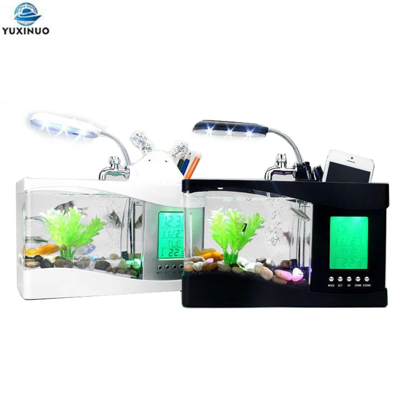 Aquarium Fish Electric - ตู้ปลาตั้งโต๊ะขนาดเล็กแบบ USB พร้อมไฟ LED จอ LCD