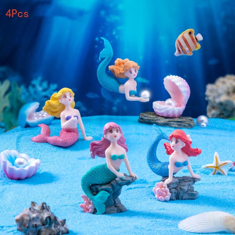 Aquarium Fish Buy - 4 ชิ้นพลาสติกตู้ปลาประดับรูปนางเงือกน้อยตุ๊กตาจิ๋วตกแต่งตู้ปลา DIY ตกแต่งเค้กโต๊ะอุปกรณ์งานฝีมือ